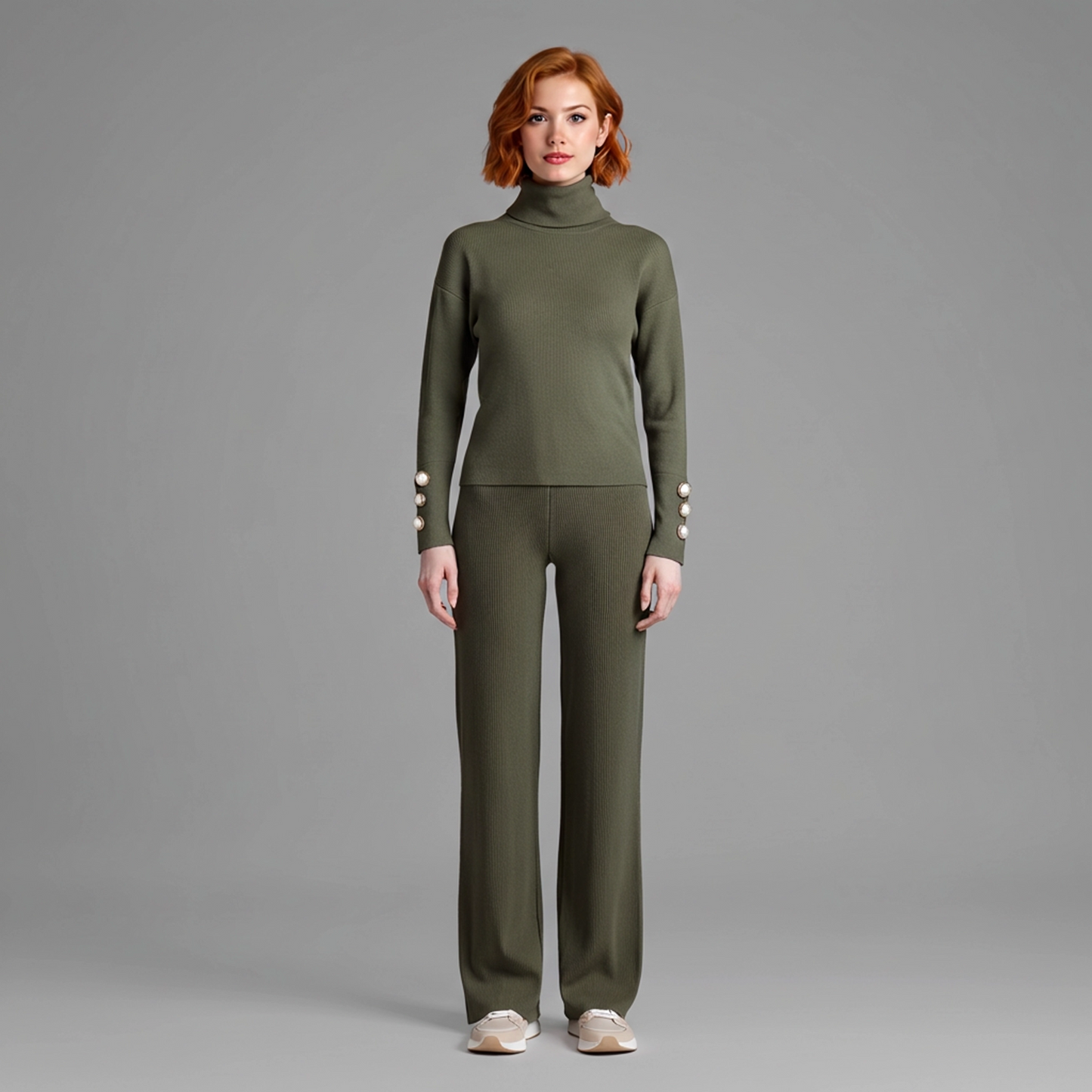 Completo donna invernale lanetta - Set coordinato maglia dolcevita e pantalone palazzo - Vista frontale - indossato - colore verde