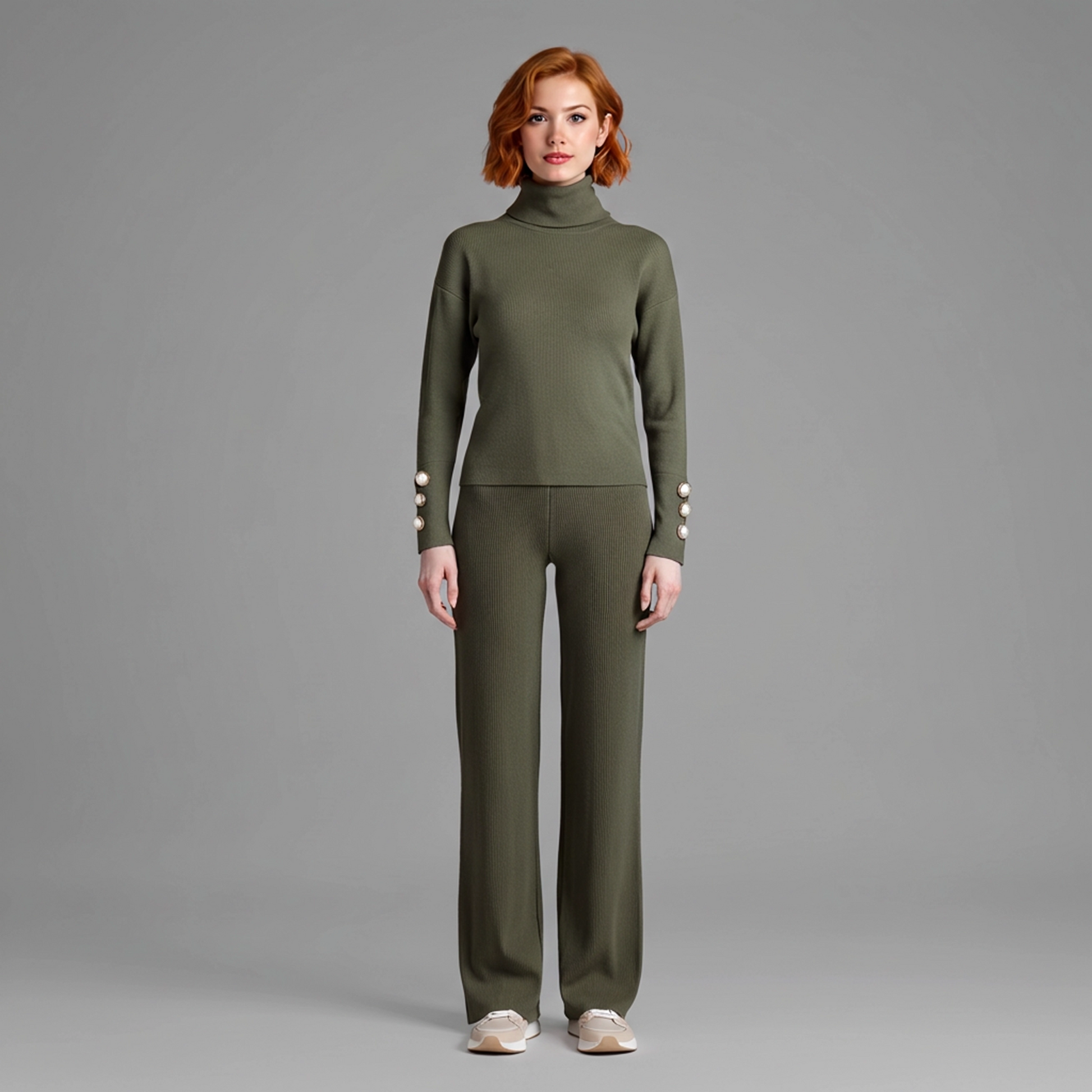 Completo donna invernale lanetta - Set coordinato maglia dolcevita e pantalone palazzo - Vista frontale - indossato - colore verde