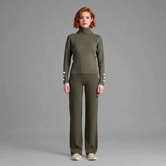 Completo donna invernale lanetta - Set coordinato maglia dolcevita e pantalone palazzo - Vista frontale - indossato - colore verde