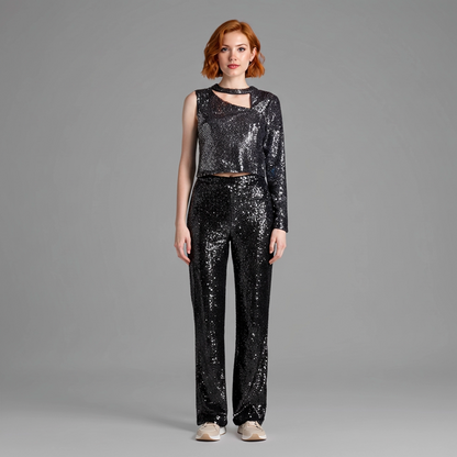 Set coordinato paillettes blu scuro donna - outfit glamour Natale e Capodanno
