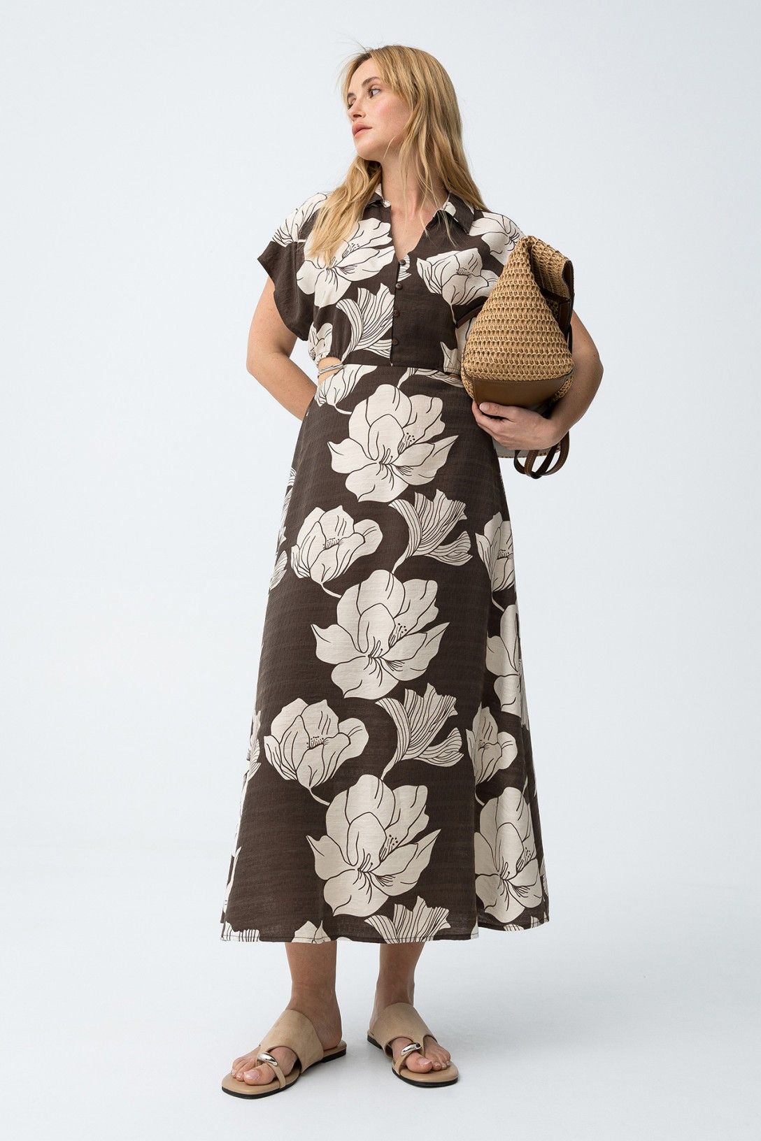 Abito donna viscosa colletto maniche corte - bottoni ricoperti dettaglio vita elegante versatile
