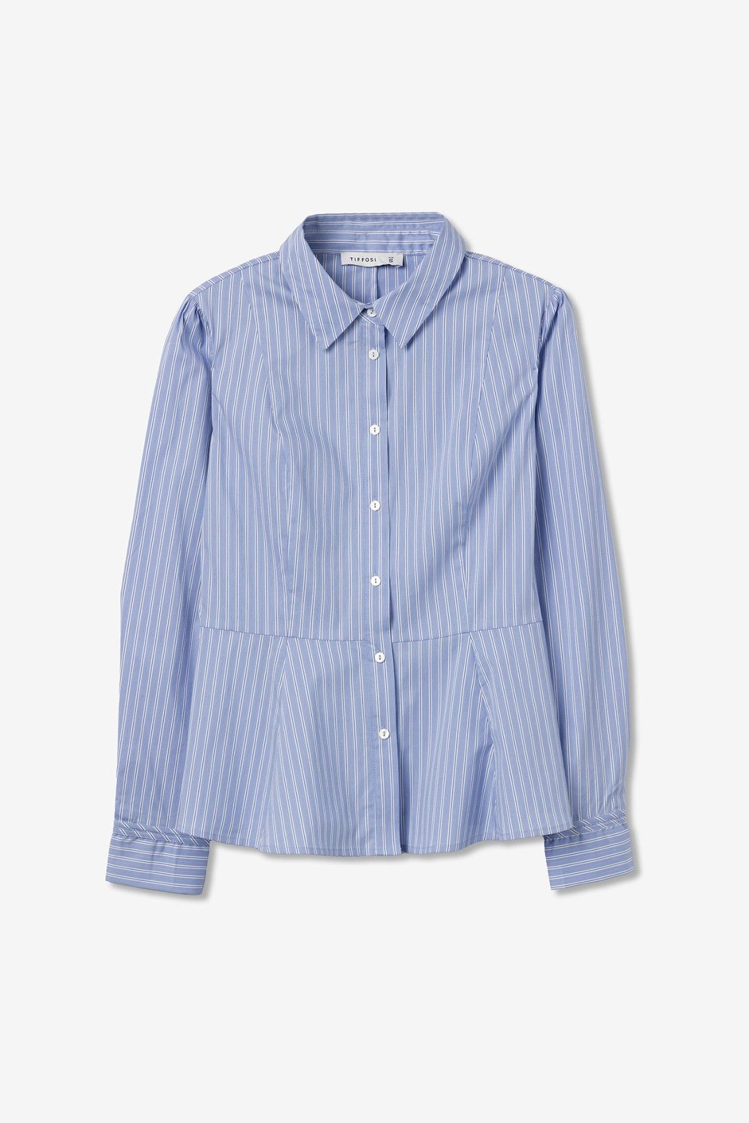 Camicia donna a righe celeste e bianco Coroa – vestibilità avvitata, taglio punto vita con fondo ampio, collo alla francese, manica lunga – Frarò Shop