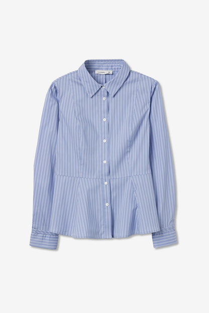 Camicia donna a righe celeste e bianco Coroa – vestibilità avvitata, taglio punto vita con fondo ampio, collo alla francese, manica lunga – Frarò Shop