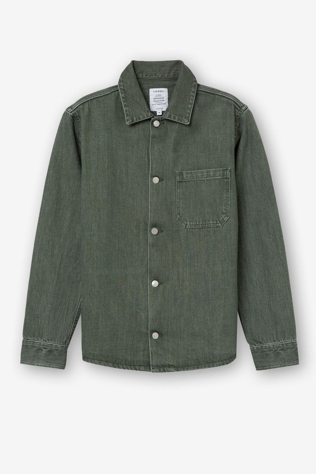 Dettaglio giubbotto denim verde - texture cotone e finiture
