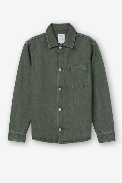Dettaglio giubbotto denim verde - texture cotone e finiture
