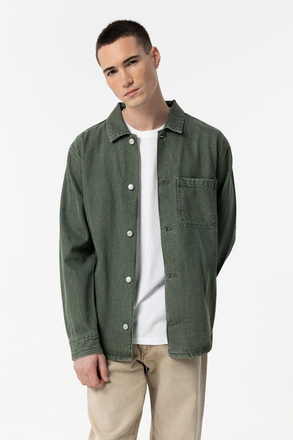 Giubbotto jeans verde Cristo uomo - vista frontale con bottoni e tasche
