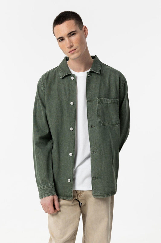 Giubbotto jeans verde Cristo uomo - vista frontale con bottoni e tasche
