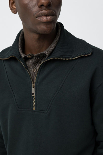 Felpa Uomo Denis Verde Scuro Mezza Zip Manica Lunga Cotone