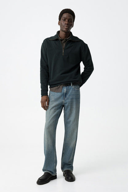 Felpa Uomo Denis Verde Scuro Mezza Zip Manica Lunga Cotone