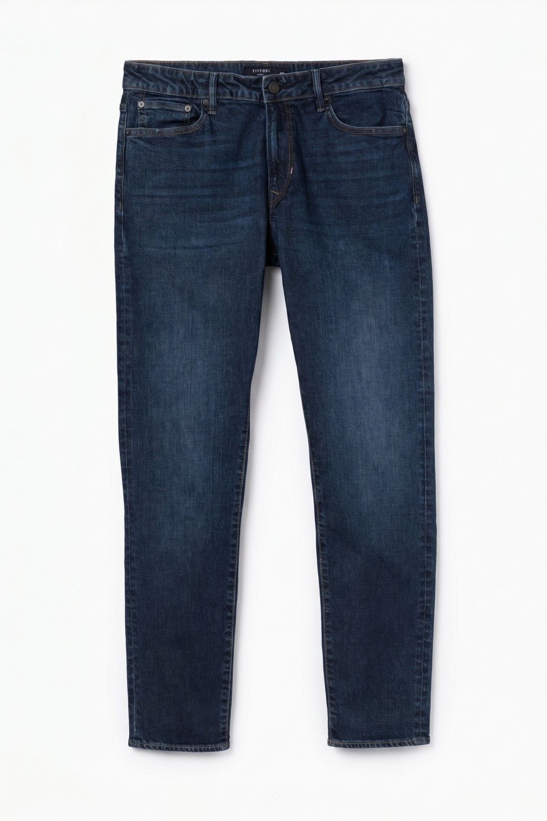 Jeans uomo Dylan_119 slim fit blu scuro con sabbiatura vista frontale, 5 tasche, vita media – Frarò