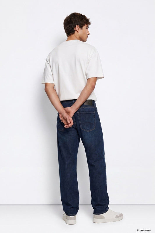 Jeans uomo Dylan_119 slim fit blu scuro con sabbiatura total look vista posteriore, abbinato con t-shirt over in bianco, 5 tasche, vita media – Frarò