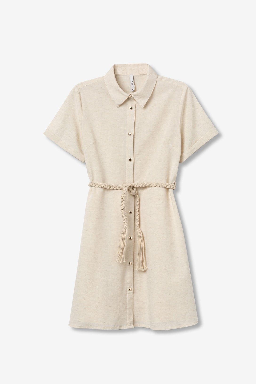 Abito donna Early corto beige viscosa lino, bottoni frontali e cintura intrecciata