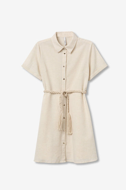 Abito donna Early corto beige viscosa lino, bottoni frontali e cintura intrecciata
