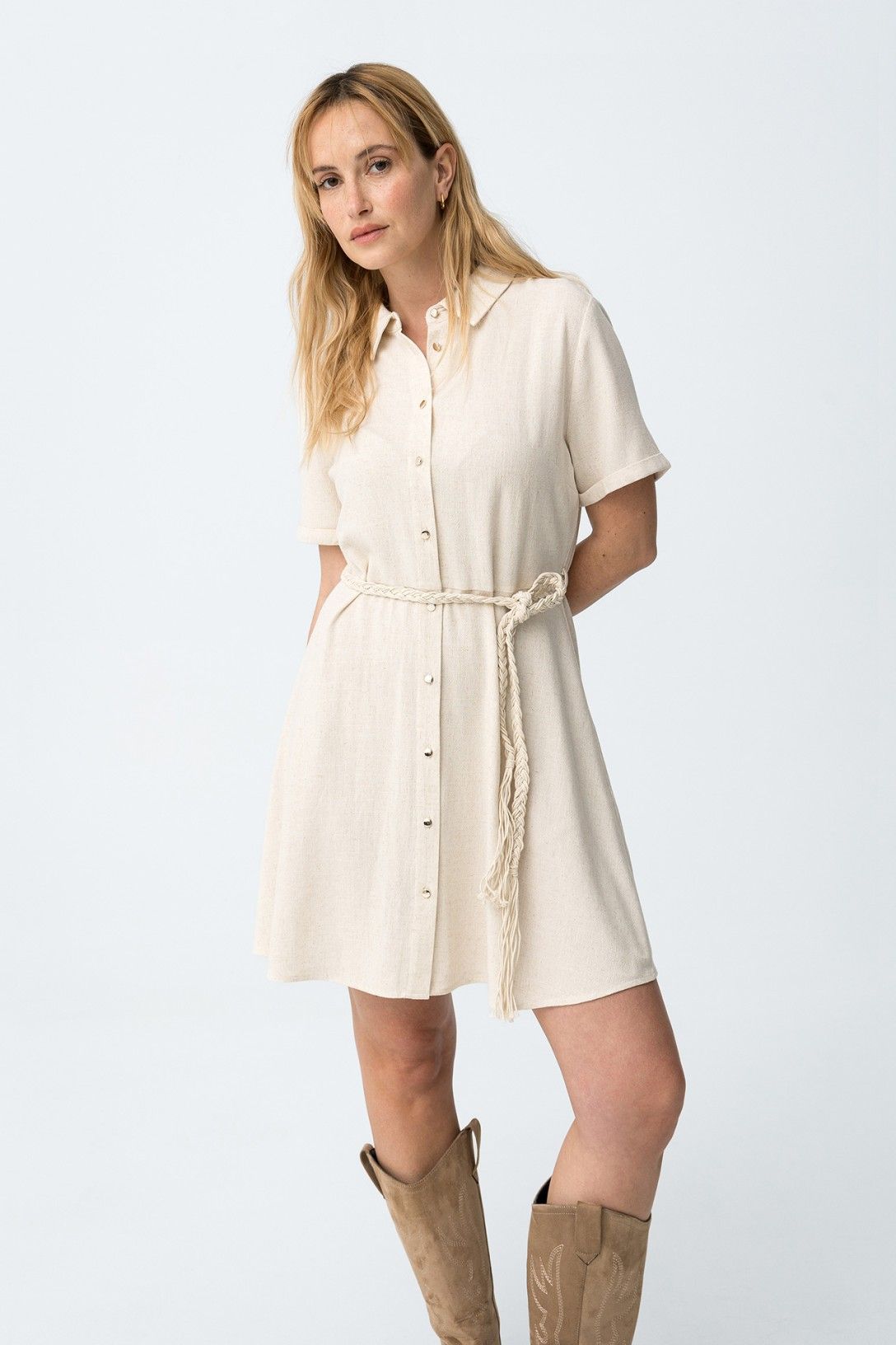 Abito donna Early corto beige completo, vestito estivo viscosa lino