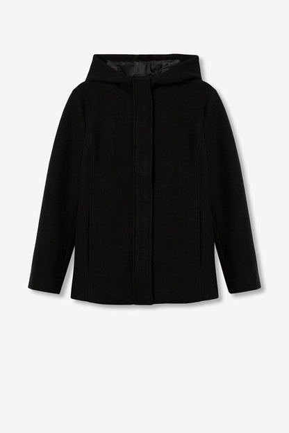 Cappotto Enny nero donna - dettaglio tessuto 100% poliestere e finiture