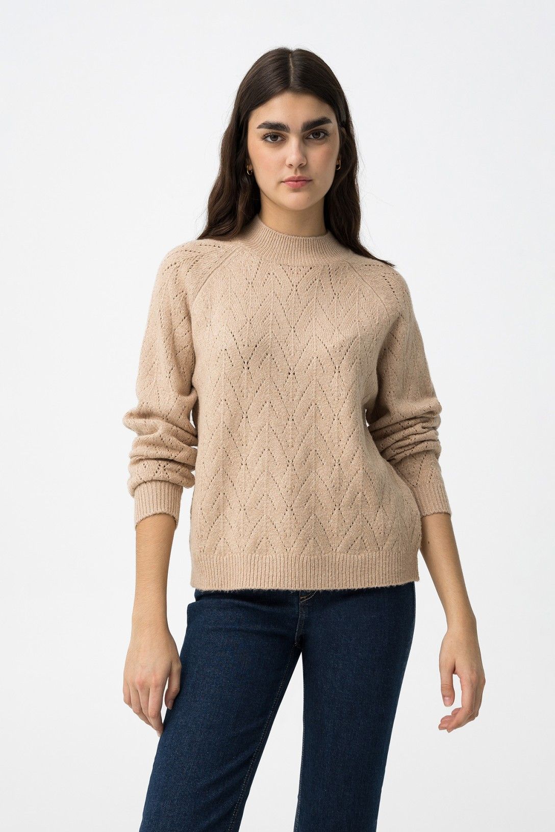 Maglione Donna Traforato Erato Beige Orange - Collo Alto Invernale