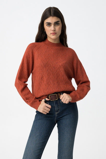 Maglione Donna Traforato Erato Beige Orange - Collo Alto Invernale
