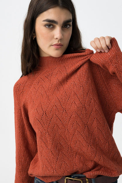 Maglione Donna Traforato Erato Beige Orange - Collo Alto Invernale