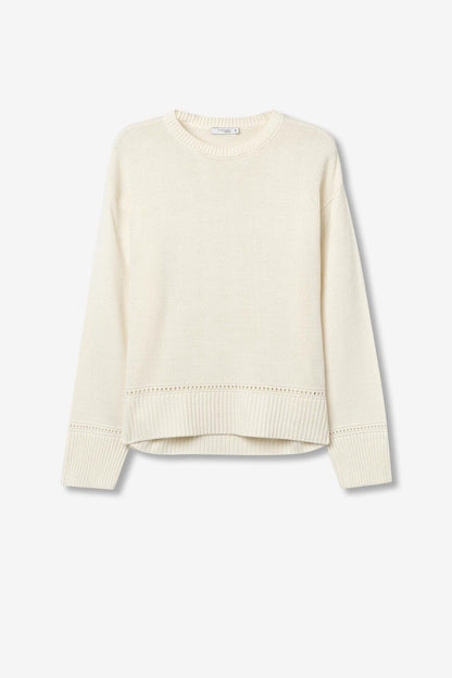 Maglione Eternal donna colore bianco - vista frontale con dettagli traforati e scollo rotondo