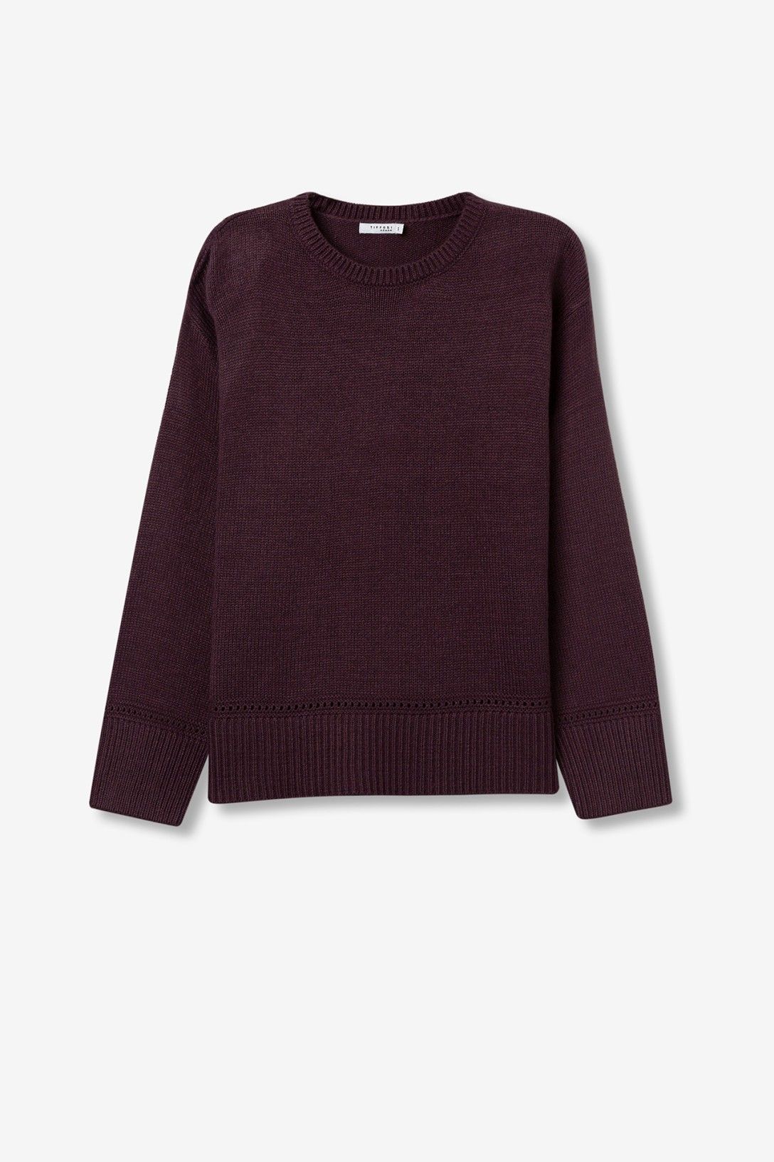Maglione Eternal donna colore wine - vista frontale con dettagli traforati e scollo rotondo