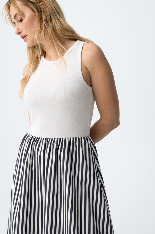 Abito donna Fiji cotone bianco blu righe - vista laterale top aderente e gonna