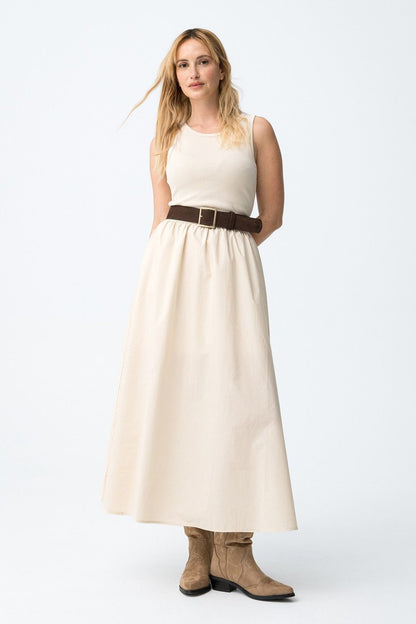 Abito donna Fiji cotone beige - vista laterale top aderente e gonna
