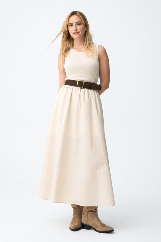 Abito donna Fiji cotone beige - vista laterale top aderente e gonna