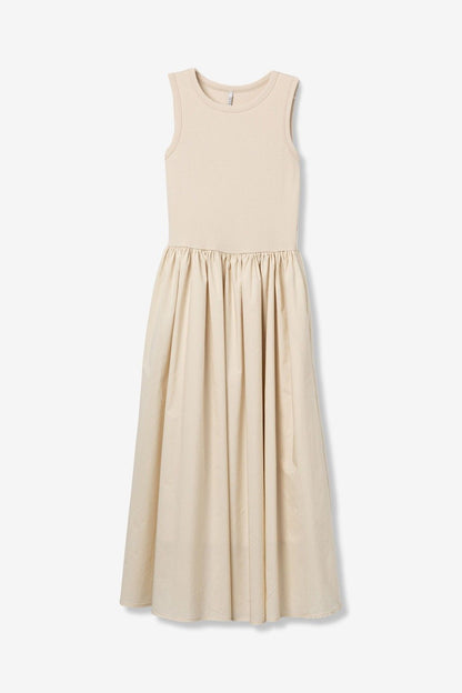 Abito Donna fiji cotone beige - top aderente senza maniche gonna svasata minimal estivo