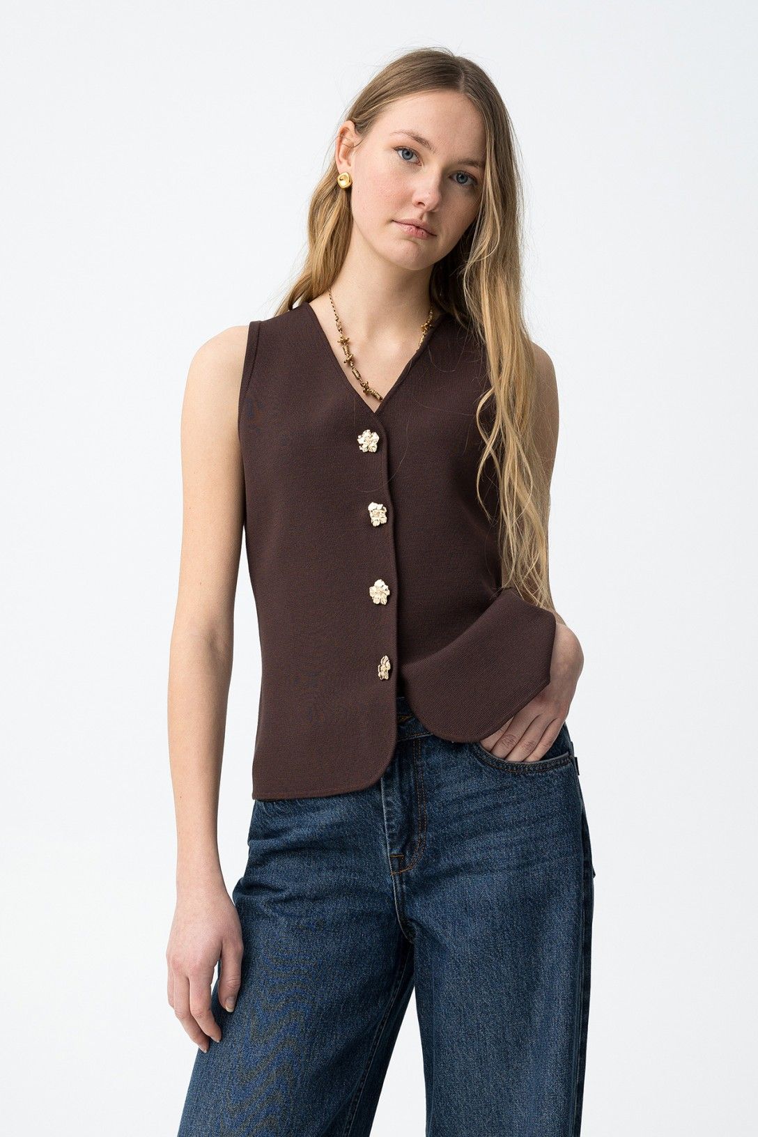 Gilet donna Fleur Tiffosi  cioccolato bottoni dorati - dettaglio tessuto maglia