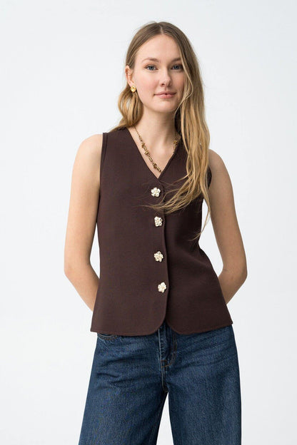 Gilet donna Fleur senza maniche slim-fit bottoni dorati cioccolato - dettaglio vestibilità