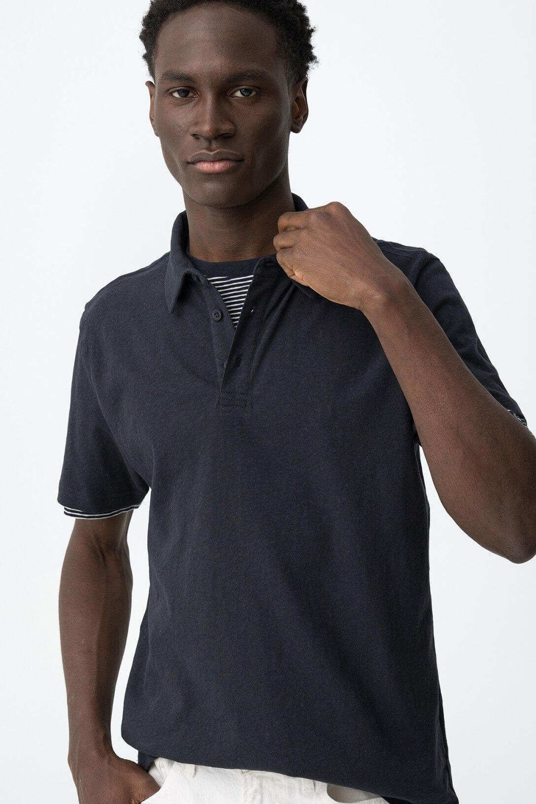 Polo uomo Forest cotone lino Tiffosi blu - dettaglio manica corta e bottoni