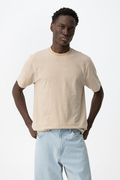 T-shirt uomo Fox  beige a righe in cotone e lino - vestibilità ampia casual premium
