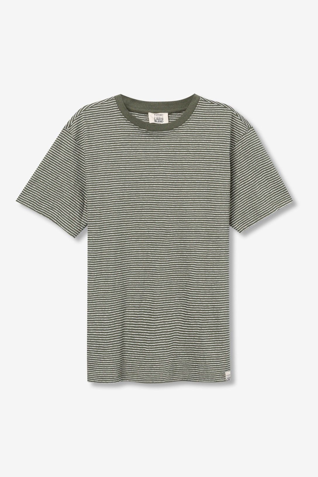 Dettaglio tessuto t-shirt Fox - righe verde bianco cotone lino traspirante
