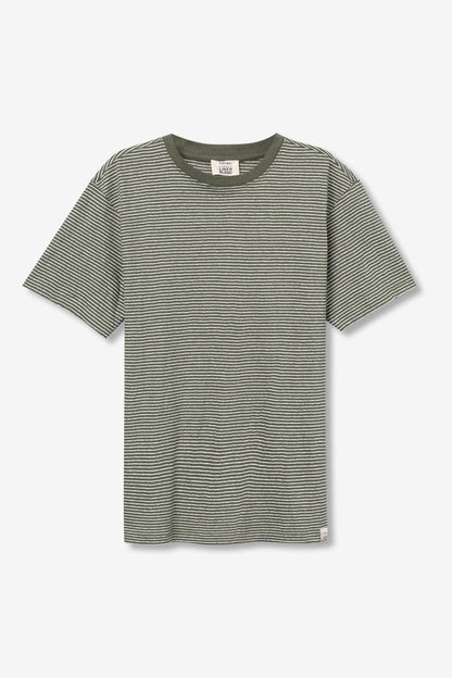 Dettaglio tessuto t-shirt Fox - righe verde bianco cotone lino traspirante
