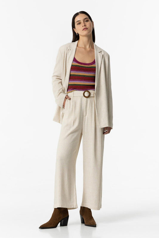 "Tailleur donna estivo in lino e viscosa Gaya, completo elegante color beige, vista frontale"