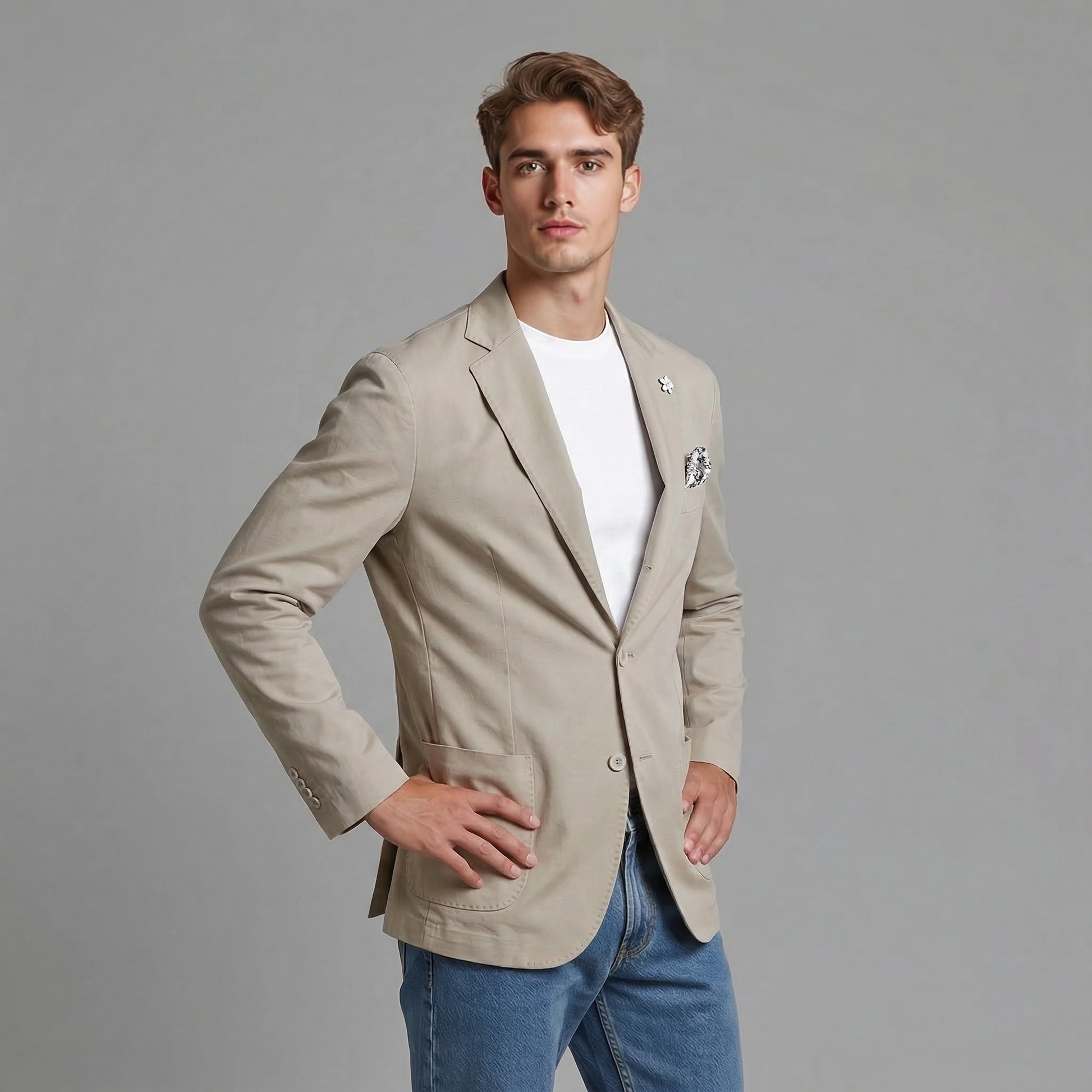 Giacca uomo punto milano safari vista laterale, dettaglio vestibilità blazer estivo
