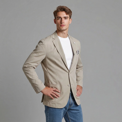 Giacca uomo punto milano safari vista laterale, dettaglio vestibilità blazer estivo
