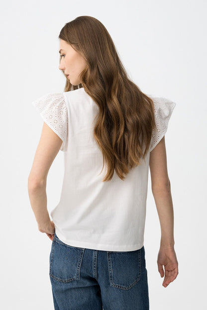 T-shirt donna Graciosa con volant bianca con volant – vista posteriore, vestibilità regolare 100% cotone