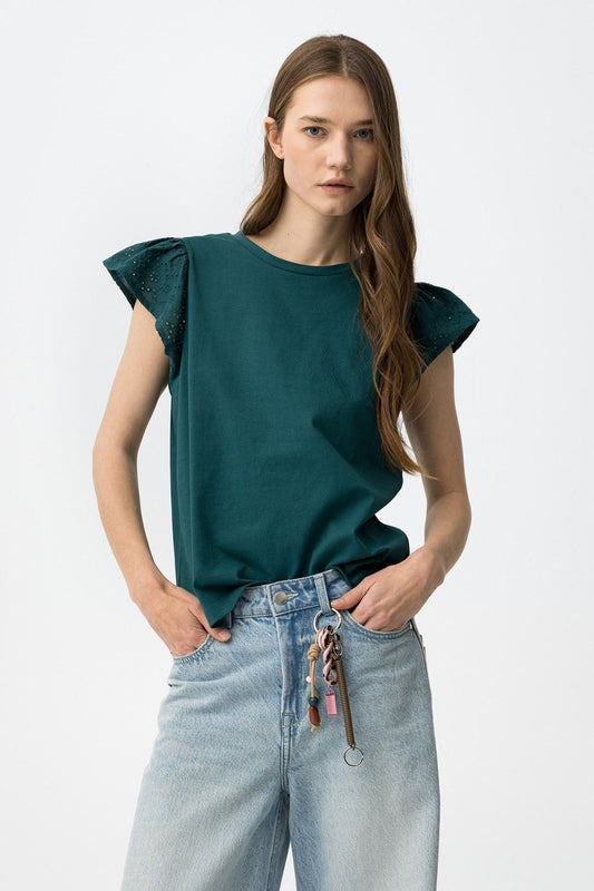 T-shirt donna Graciosa con volant verde con volant – vista frontale, manica corta 100% cotone Frarò