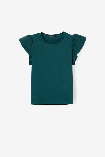T-shirt donna Graciosa con volant verde – dettaglio volant, tessuto cotone leggero e traspirante