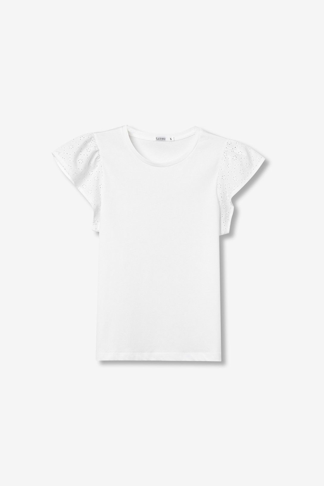 T-shirt donna Graciosa con volant bianca – dettaglio volant, tessuto cotone morbido traspirante