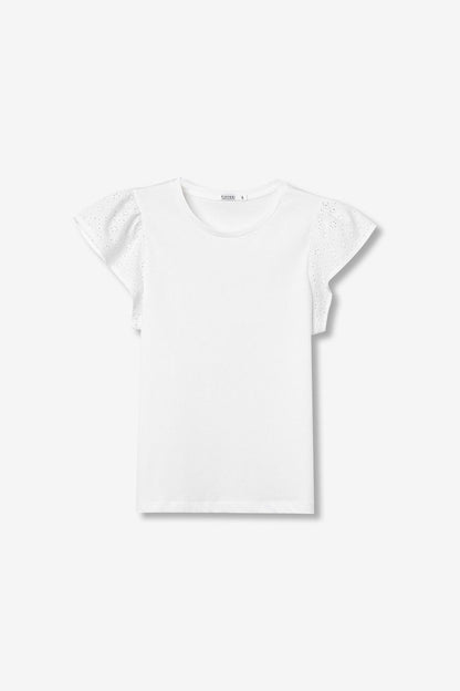 T-shirt donna Graciosa con volant bianca – dettaglio volant, tessuto cotone morbido traspirante