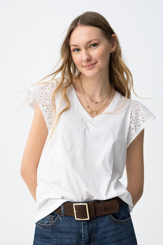 T-shirt donna scollo a V cotone bianca con pizzo - vista frontale