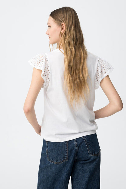 T-shirt donna scollo a V cotone casual chic bianca - abbinamento jeans -vista posteriore