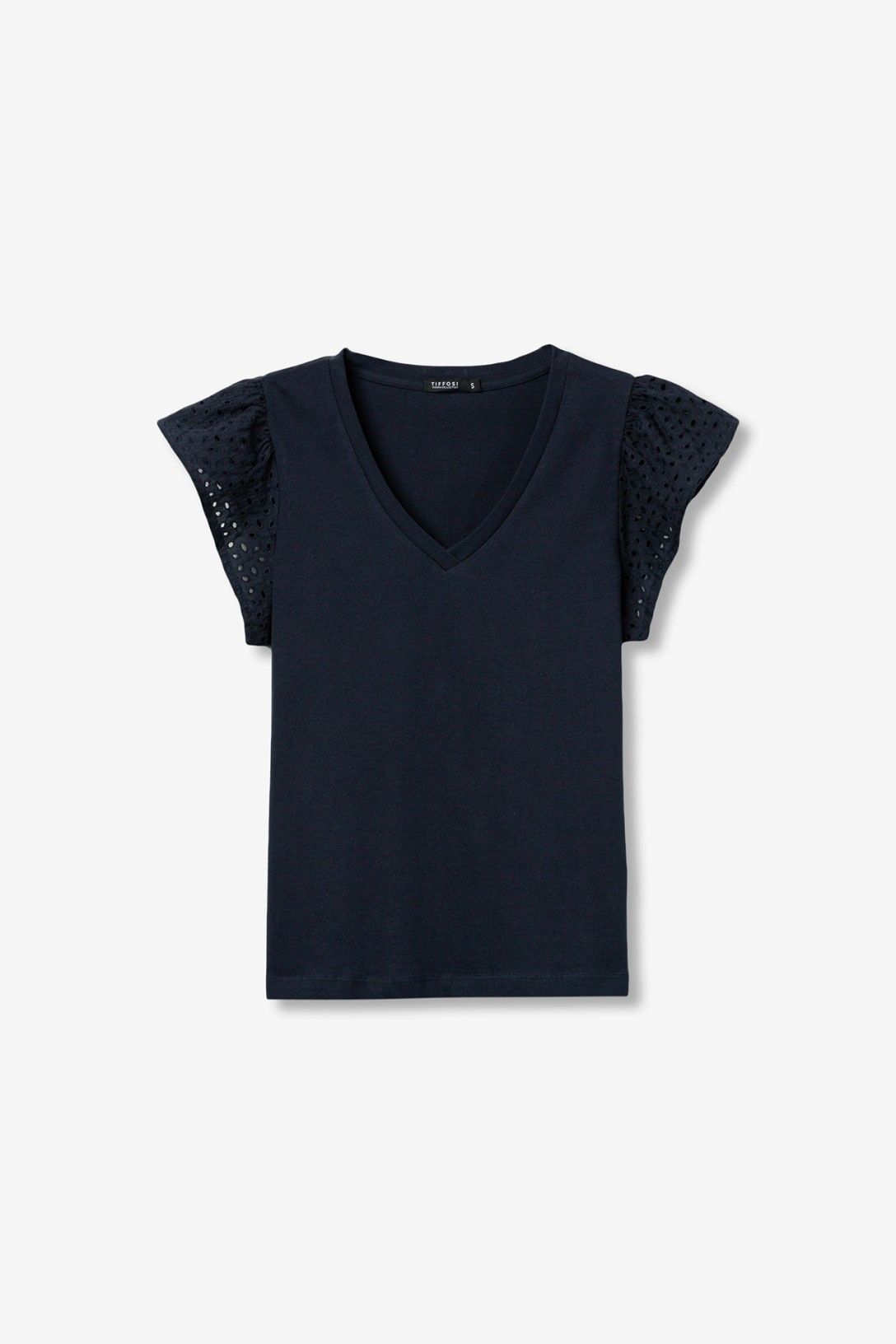 T-shirt donna scollo a V cotone blu con pizzo - dettaglio qualità tessuto - vista e-commerce