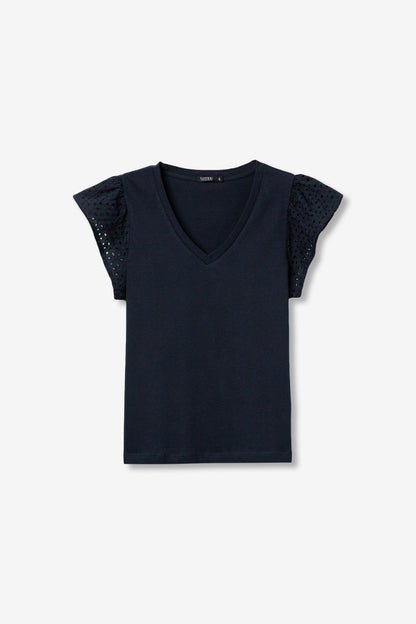 T-shirt donna scollo a V cotone blu con pizzo - dettaglio qualità tessuto - vista e-commerce
