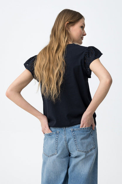 T-shirt donna scollo a V cotone blu maniche corte - vista posteriore dettagli pizzo