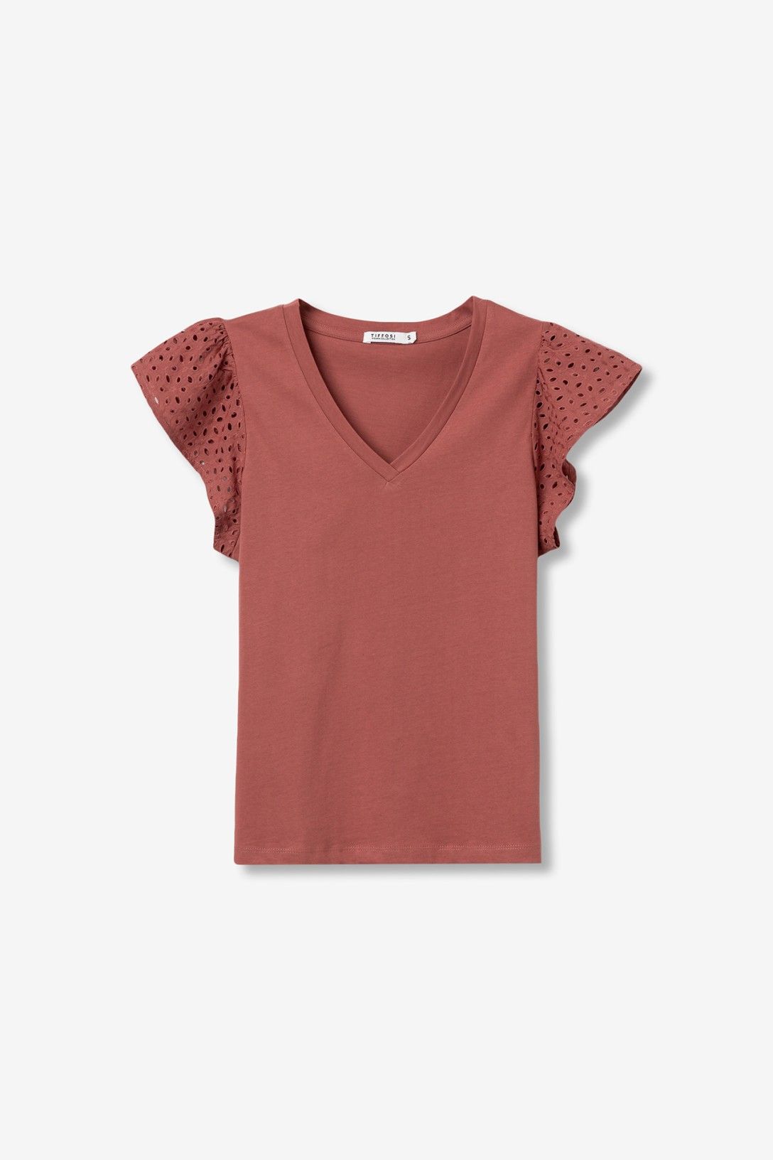 T-shirt donna scollo a V cotone salmone con pizzo - dettaglio vista e- commerce