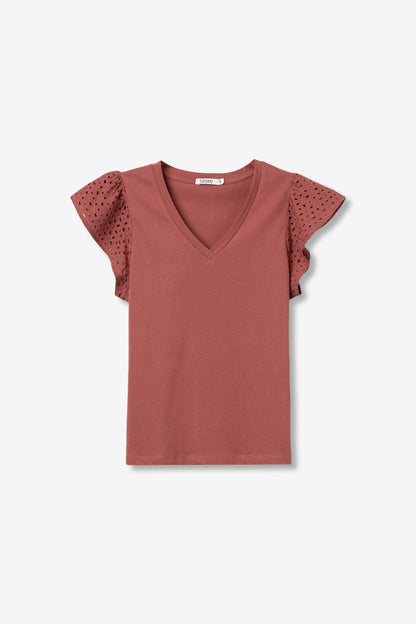 T-shirt donna scollo a V cotone salmone con pizzo - dettaglio vista e- commerce