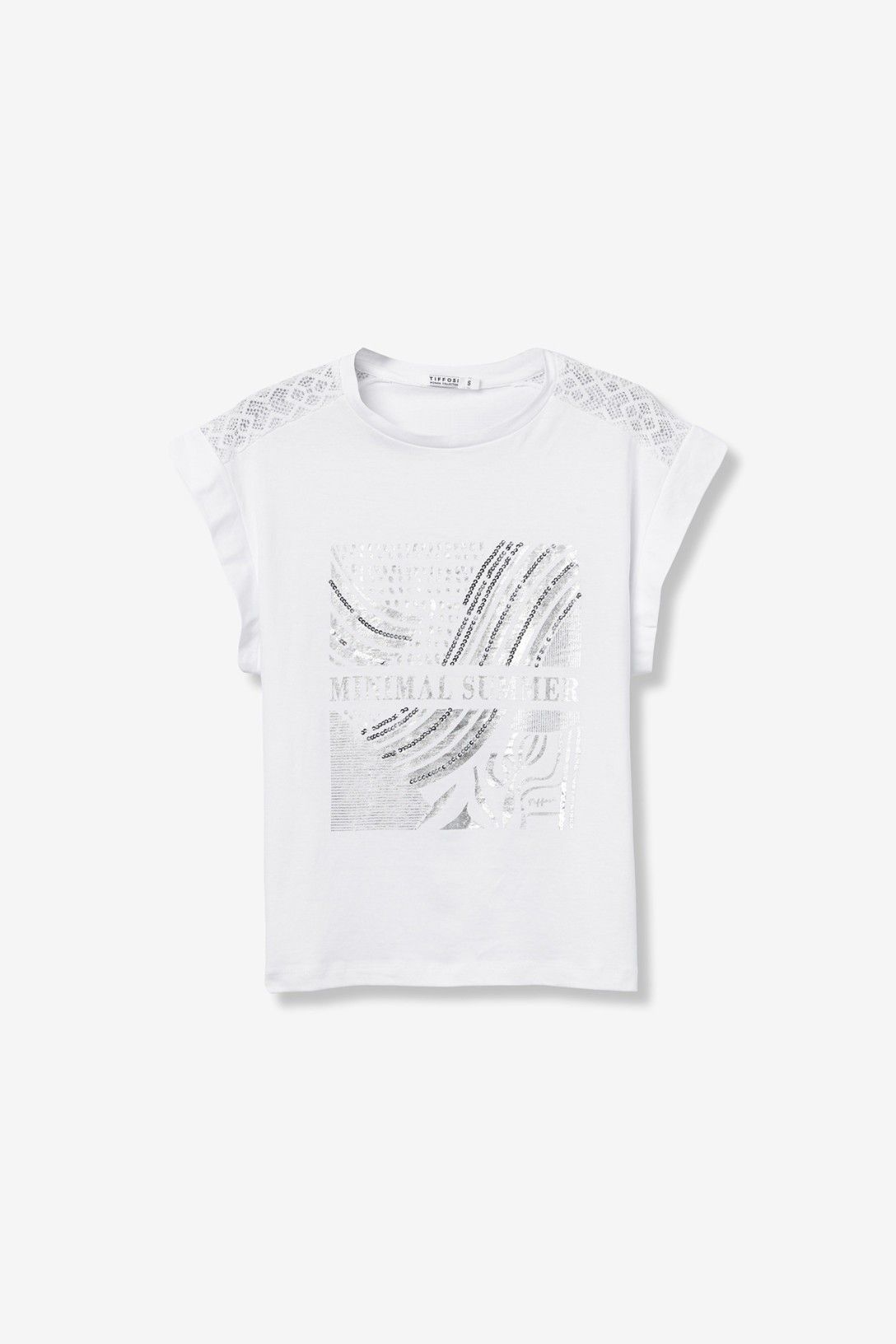 T-Shirt Horsea donna bianca manica corta con dettaglio pizzo sulle spalle e scritta stampata – Frarò Shop